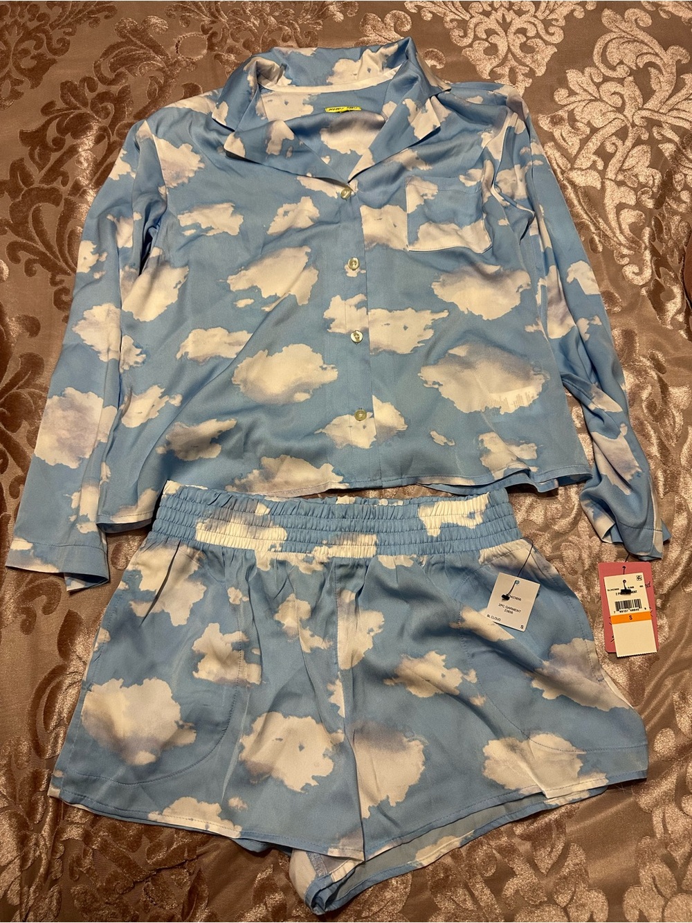 Cloud-Print Blue Women's Pajama Set - Relaxed Button-Front Top & Elastic Shorts